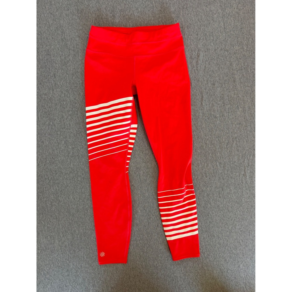 Athleta Red White Striped Performance Leggings XS 591387-00 Zip Pocket